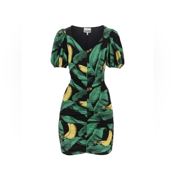 New Ganni Ruched Floral-Print Stretch-Jersey Green Mini Dress -  Sz 4 - Picture 4 of 9